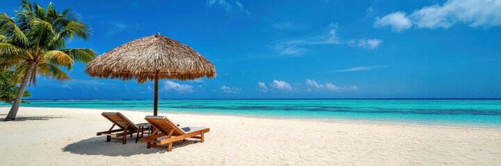 beach, ocean, palm trees, lounge chairs, umbrella, tropical, scenic, serene, paradise, relaxation, summer, vacation, idyllic, tranquil, turquoise water, white sand, lush foliage, sunny sky, coastal