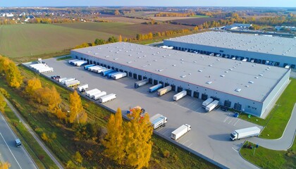 Aerial view of a large distribution warehouse complex with trucks parked at loading docks. Autumn colors are visible in the surrounding fields
