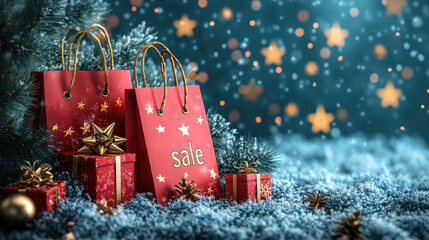 Creative 3D composition of Christmas shopping with gift bags, festive boxes, gold stars and snowy blue background for winter holiday sales and seasonal advertising banners