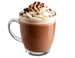 Glass Mug of Hot Cocoa with Whipped Cream Swirl, Side Perspective, Isolated PNG