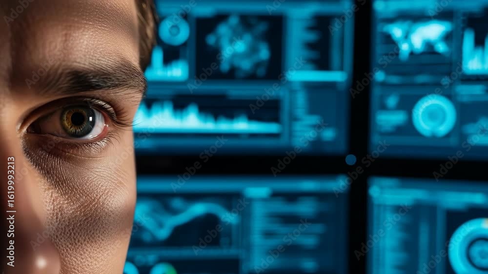 Poster man observing digital data displays. modern technologist studying blue screens with graphs, maps, an