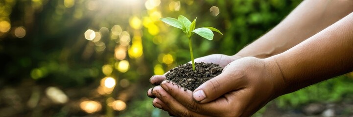 A person's hands holding a small plant seedling, surrounded by lush greenery and warm sunlight, a symbol of growth, nurturing, and environmental conservation.
