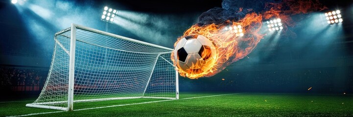 A soccer ball on fire flying towards a soccer goal, dynamic sports action scene, dramatic lighting, cinematic, realistic, 4k, highly detailed, hyper-realistic
