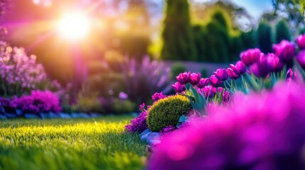 Obraz premium Vibrant spring garden filled with blooming flowers and sunlight