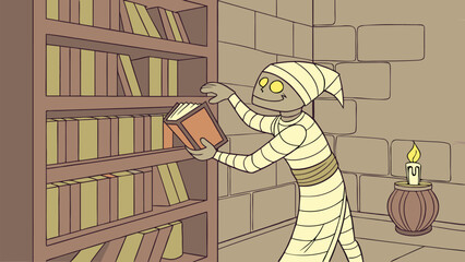 A cartoon mummy in a library reaches for a book on a shelf illuminated by a single candle in a stone walled room