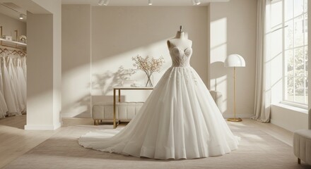Elegant wedding gown on mannequin in sunlit bridal shop, soft color palette