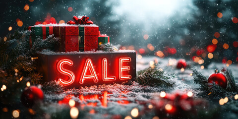 Festive Holiday Sale Scene with Glowing "SALE" Letters, Snowfall, and Christmas-Themed Podium Display