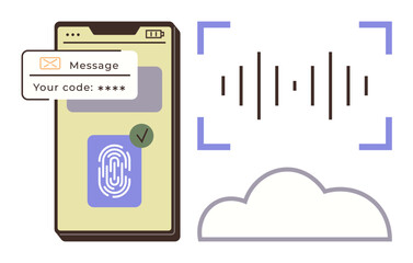 Fototapeta premium Smartphone with fingerprint scanner, SMS code notification, sound wave scan, and cloud connection. Ideal for security, authentication, cloud technology, data privacy, user access fintech digital
