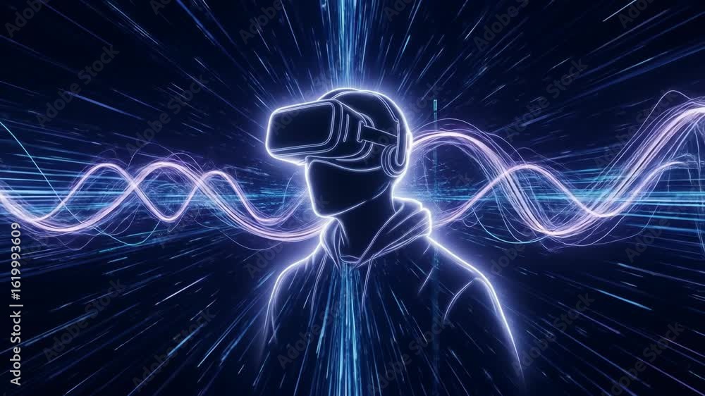 Poster man wearing a virtual reality headset with glowing lines of data, exploring cyberspace in an immersi