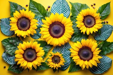 Fototapeta premium Sunflowers and leaves on a bright yellow background