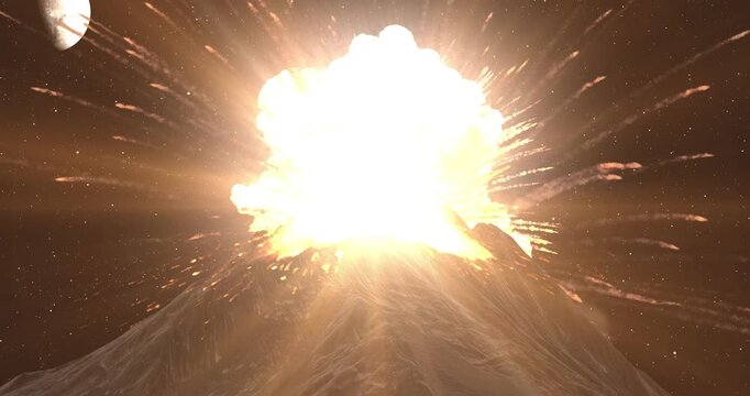 Volcano mountain large eruption at night with moon behind
Dramatic view at night of major volcanic explosion eruption, 2023
