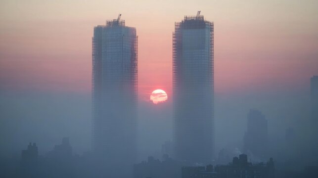 Sunrise between two skyscrapers in a misty urban landscape