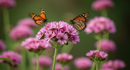 Obraz premium Two orange & black butterflies alight on a pink flowering plant, others bloom in the background against a blurred green