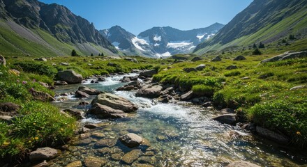 Mountain stream flows thru a lush valley towards snow-capped peaks under a clear blue sky