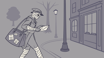 Mysterious mummy postman delivers envelope on a gloomy street with a vintage building and lamppost