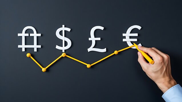 Global currency symbols and upward trend line drawn on a dark chalkboard by a hand holding a yellow marker illustrating financial growth - Powered by Adobe