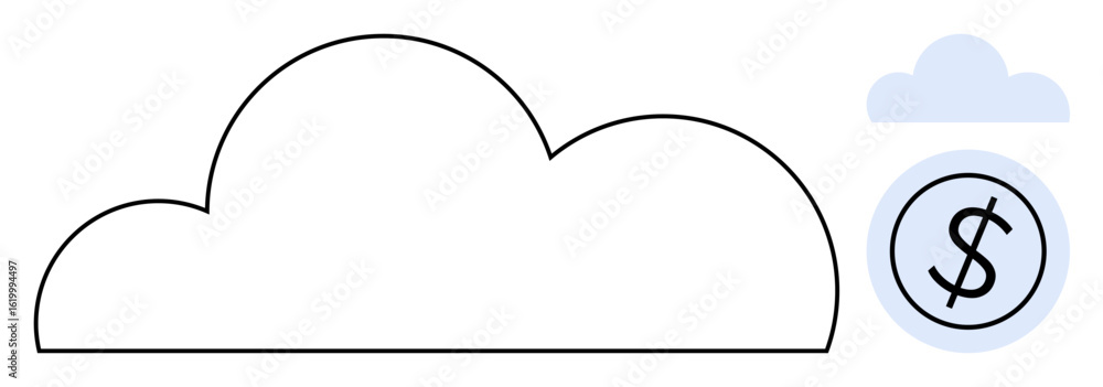 Poster large cloud outline paired with smaller cloud enclosing a dollar symbol. ideal for cloud computing, 