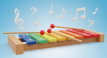 3d colorful xylophone with musical notes and clefs on a blue background