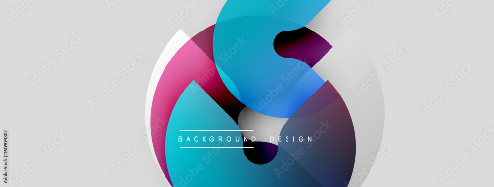 Poster abstract fluid shapes overlap, creating dynamic visual effect. colors blendpink, blue, purpleover li