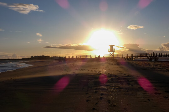 Dramatic cloudscape looming over coastal resort town