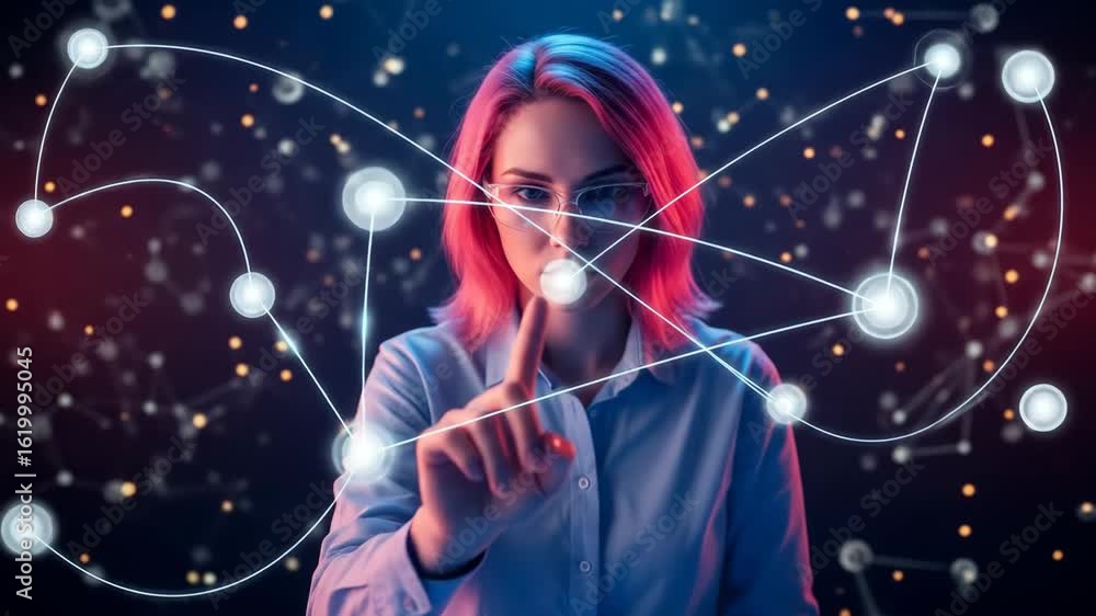 Poster woman interacts with futuristic interface, connecting glowing points in a digital network, signifyin
