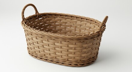 Fototapeta premium Woven tan basket, oval shaped with textured handles, rests on a white surface, showcasing woven detail
