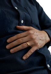 Elegant Close-Up Of Delicate Hand With Gold Band Ring Resting On Feminine Torso Isolated On PNG Background.