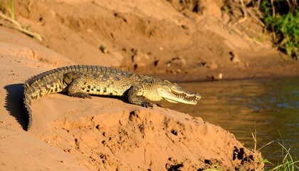 Crocodilian basking on a riverbank