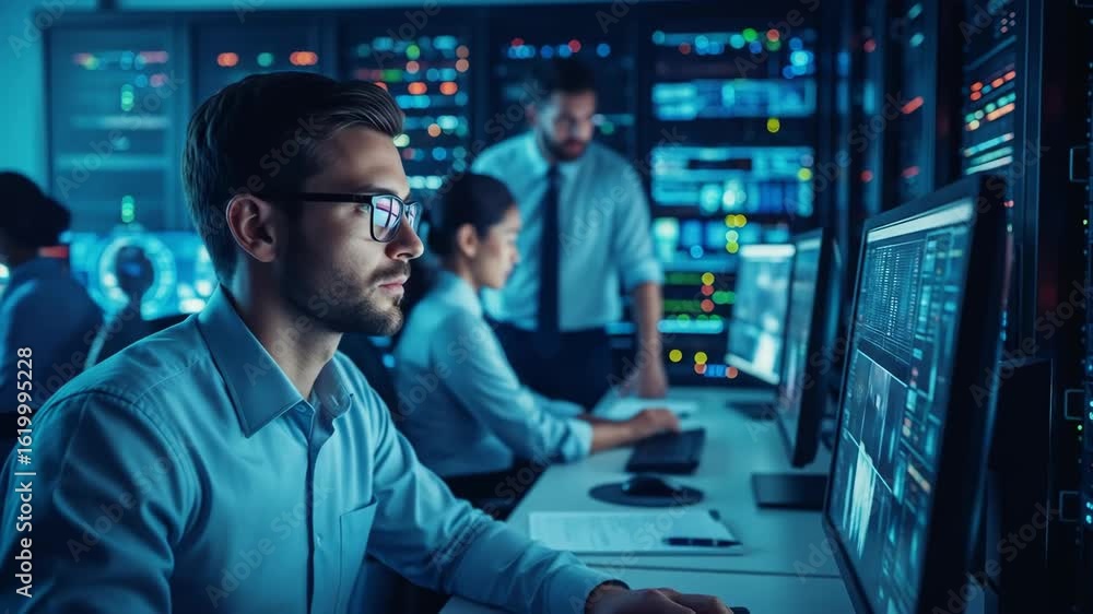 Aufkleber male and female engineers work in server room, monitoring network operations on computers. data cent