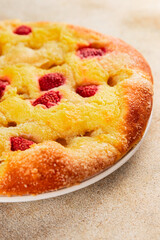 Sweet pie raspberry  frangipane dessert baking fresh delicious gourmet food background on the table rustic food top view copy space