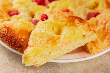 Sweet pie raspberry  frangipane dessert baking fresh delicious gourmet food background on the table...
