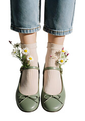 Playful Spring Styling Featuring Quirky Green Mary Jane Flats With Wildflower Accents Paired With Cream Knit Socks And Cropped Denim Isolated On PNG Background.