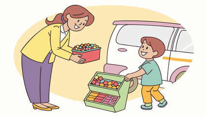 A smiling mother hands a box of colorful candies to her happy son who is holding a display stand filled with sweets next to a white vehicle
