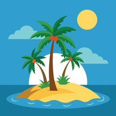 Tropical Island Illustration with Exotic Plants and Palm Trees Vector