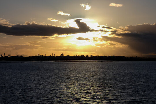 Seagull flying over ocean at sunset with colorful clouds