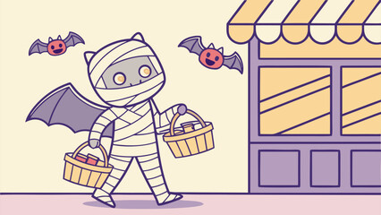 Cute mummy character with bat wings and candy baskets goes trick or treating past a store on a spooky halloween night