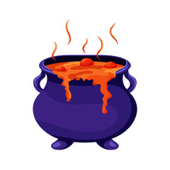 Boiling magical witch's cauldron with thick orange potion. Vector illustration for Halloween design 