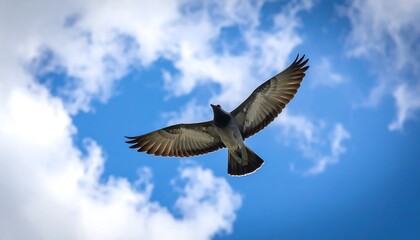 Fototapeta premium Pigeon soaring through a cloudy sky