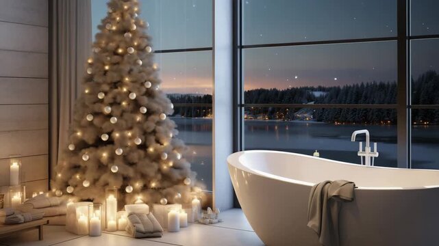 Luxury bathroom interior with Christmas decorations. Bath near window with Christmas tree and candles. A romantic setting for a date, relax time, celebrating Christmas or New Year with mountains view