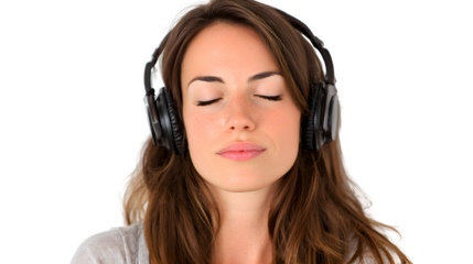 A Serene Young Woman with Brown Hair Listens to Music Through Black Headphones Against a Transparent Background, Her Eyes Closed in Peaceful