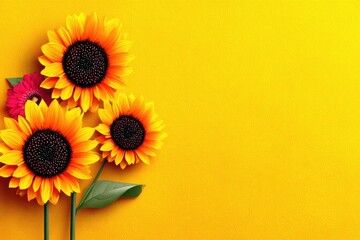 Bright yellow background with sunflowers and a pink flower