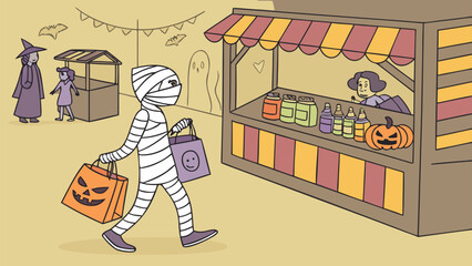 A mummy with halloween treat bags visits a market stall with a vendor witch and child enjoying the festive atmosphere with pumpkins and spooky decorations