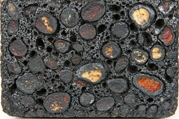 Close-up of dark, porous material with embedded red and tan specks