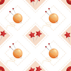 Seamless rhombus pattern with yarn and knitting needles and safety pins. Geometric vector sewing texture.