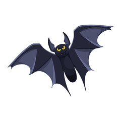 Flying Halloween bat with yellow eyes. Vector illustration for spooky designs, horror themes, and party invitations.