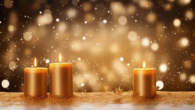 Yellow candles with fire, Christmas cozy design. Empty golden template with set of candles outdoor with snowing and lights bokeh, Christmas background with copy space. Festive backdrop for your text.