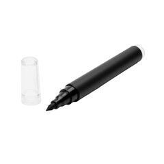 New alcohol-based marker, black matte body, clear cap, prominent chisel tip with dark ink stain, isolated on seamless transparent background with soft studio lighting, concept for product advertising
