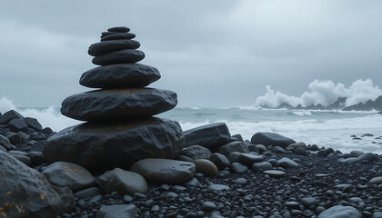 Stacked stones on a dark pebble beach, facing a stormy ocean.