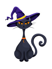 Black cat with witch hat sitting and looking straight ahead. Silhouette cat element for Halloween design Vector illustration on white background.