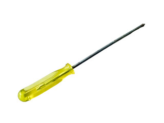 Isolated image of a flat-head screwdriver with a transparent yellow plastic handle and a metal shaft on transparent background 